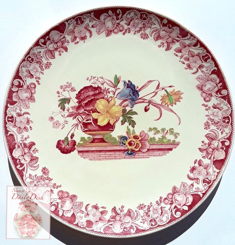 HUGE Vintage Red Transferware Polychrome Tray / Chop Plate / Platter  Royal Doulton Pomeroy Urn with Flowers