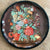 12" Vtg Round English Tole Tray / Charger Bountiful Harvest Bouquet Floral Fruit Butterfly