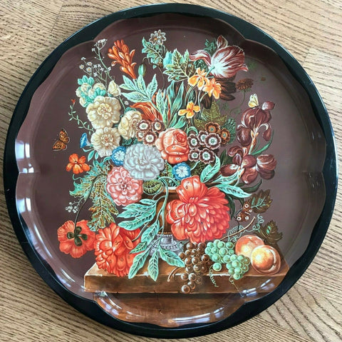 16" Vtg Round English Tole Tray Bountiful Harvest Bouquet Floral Fruit Butterfly