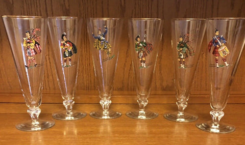Set of  Vintage Scottish Highlander Clan Tartan Kilt Pilsner Beer Drinking Glasses