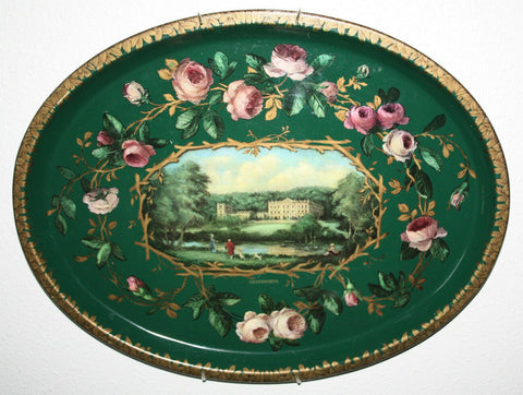 Vintage Green English Tole Toleware Tray Pink Roses Derwent River Chatsworth House