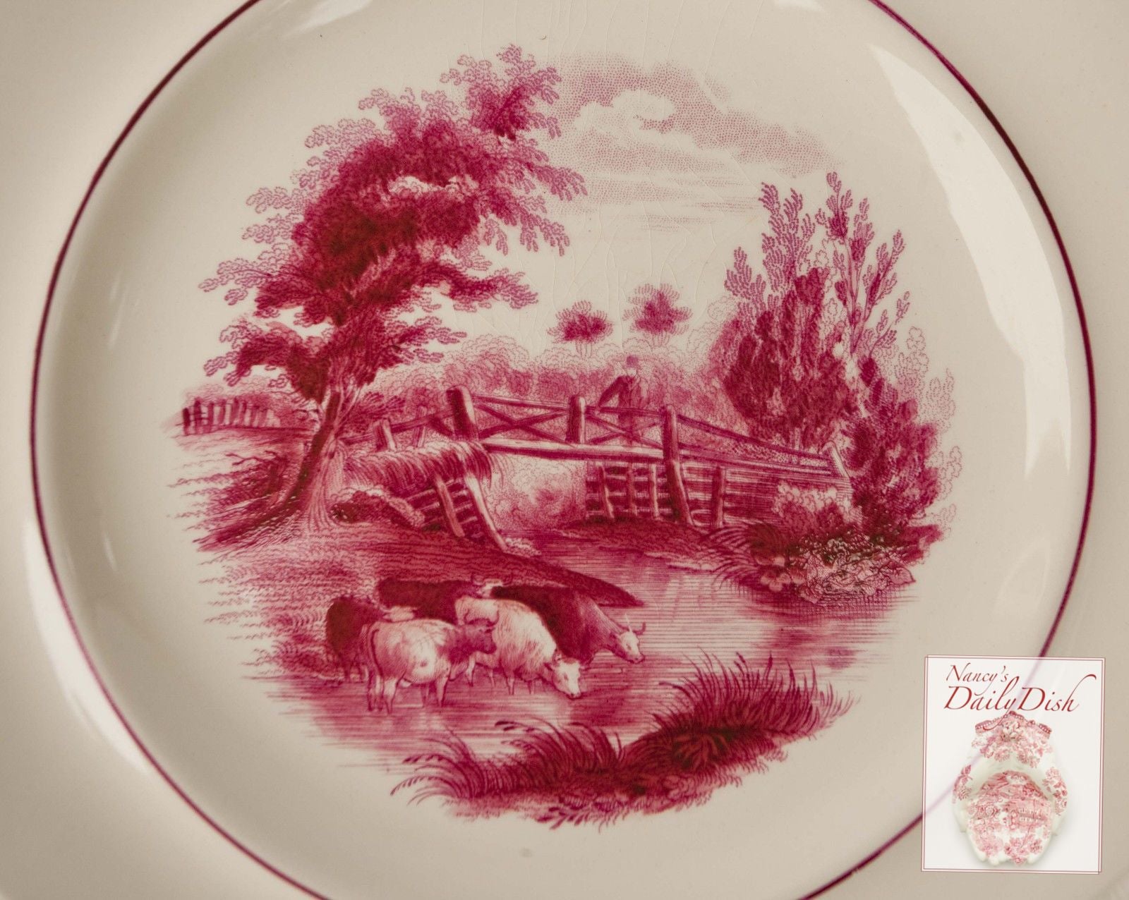 Rare Copeland Spode Duncan Rural Scenes Pink Red Transferware Plate Co