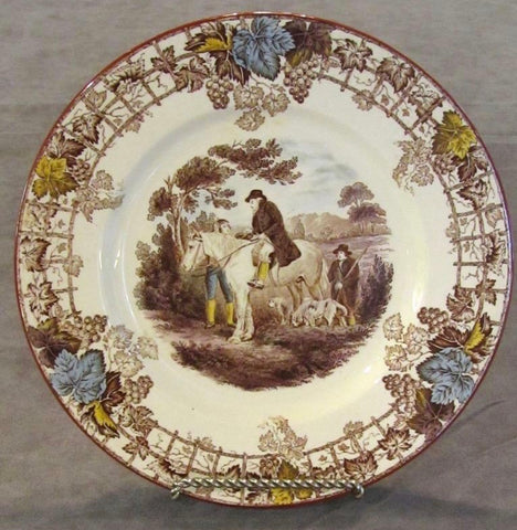 Spode Brown Transferware Plate Equestrian Decor Man on Horse Dogs Hunter Byron Hunt Scene