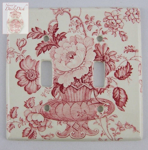 RARE Red Transferware Double Light Switch Plate Charlotte Basket of Roses and Flowers