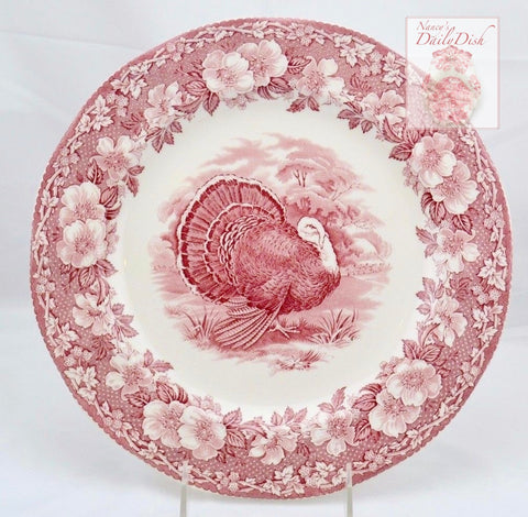 Vintage Wedgwood Pink / Red Transferware Thanksgiving Woodland Turkey Plate w/ Twig and Floral Border