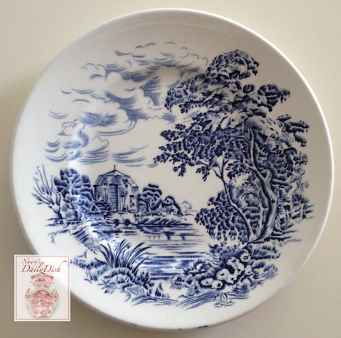 Vintage Blue & White Toile Transferware Candy Dish Bowl Scenic English Countryside Foot Bridge Watermill