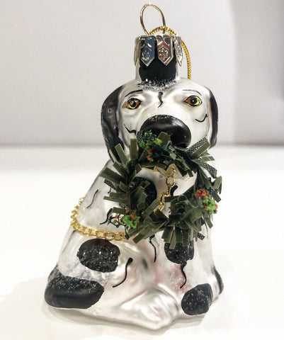 Black & White Staffordshire King Cavalier Spaniel Dog w/ Christmas Wreath Ornament