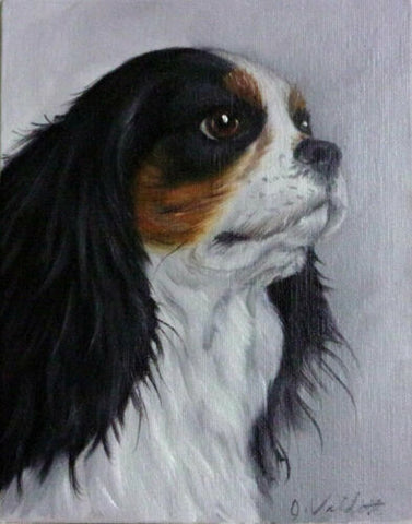 Original Hand Painted Tri Color King Charles Cavalier Oil Painting Dog Portrait